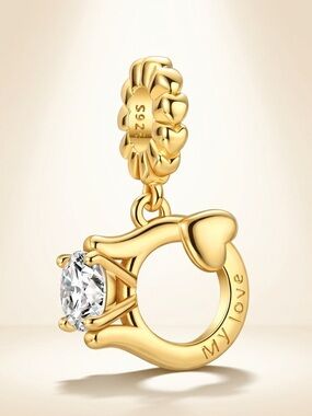 S925 Silver 14K Gold Plated Solitaire Ring Dangle Charm Fits Pandora Gift